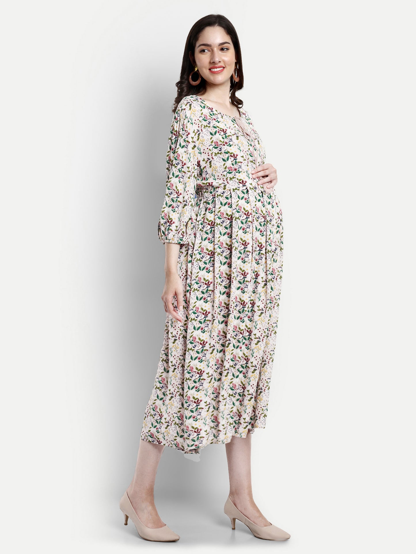 Floral Printed Midi Fit And Flare Maternity Dress