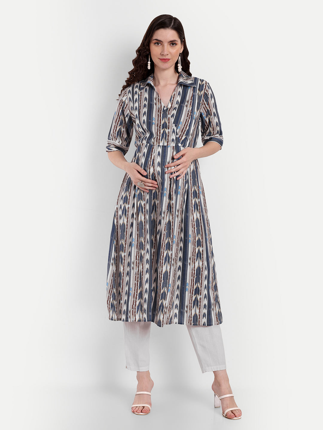 Ethnic Printed Cotton Maternity Feeding A-Line Kurta
