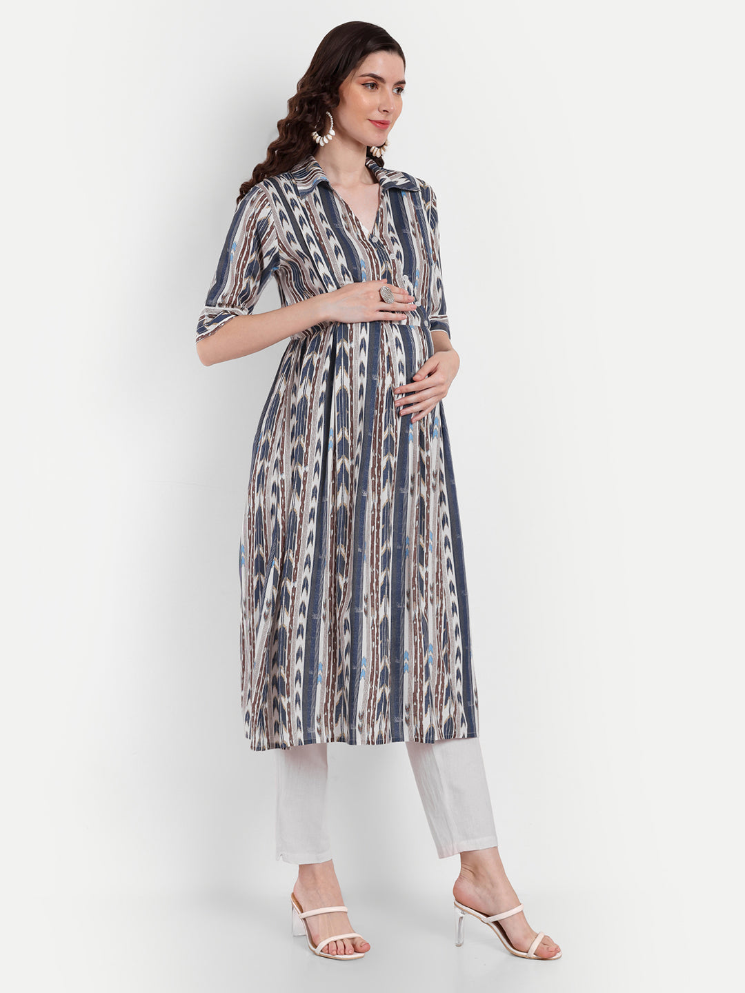 Ethnic Printed Cotton Maternity Feeding A-Line Kurta