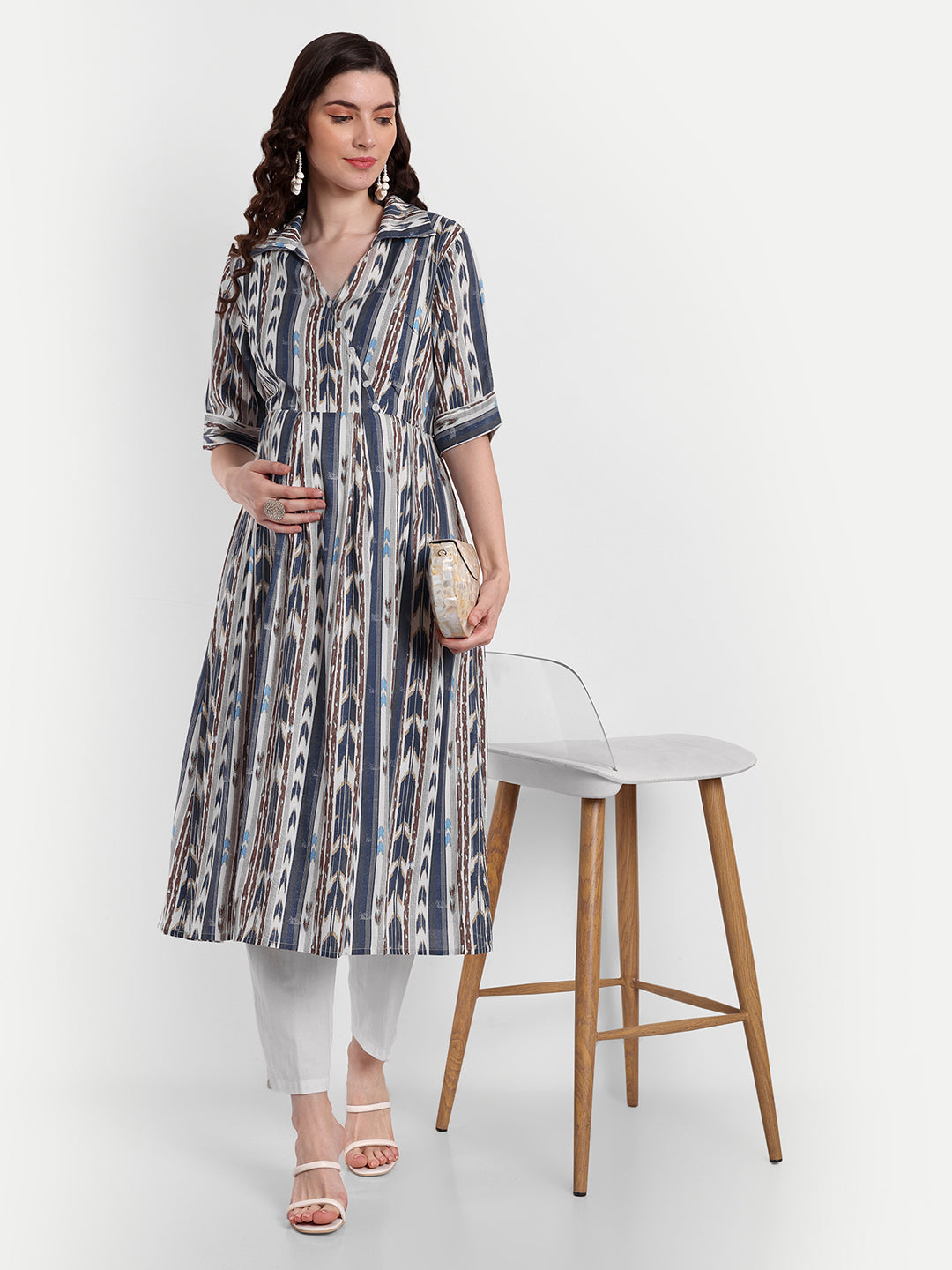 Ethnic Printed Cotton Maternity Feeding A-Line Kurta