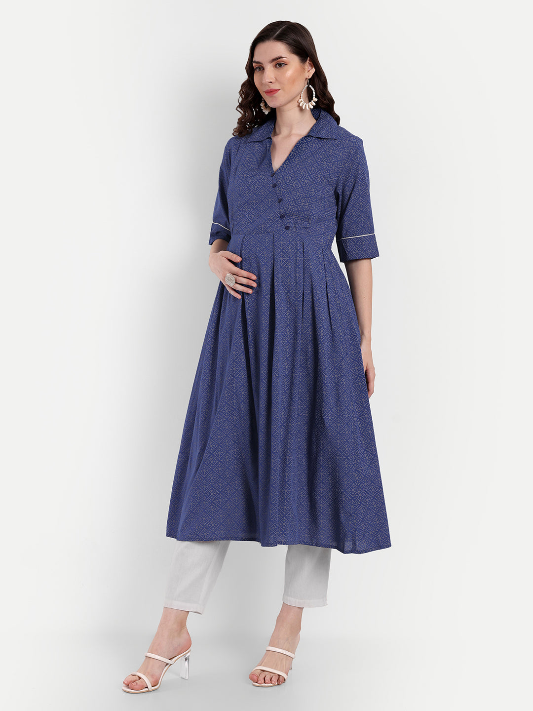 Floral Printed Shirt Collar Maternity A-Line Kurta