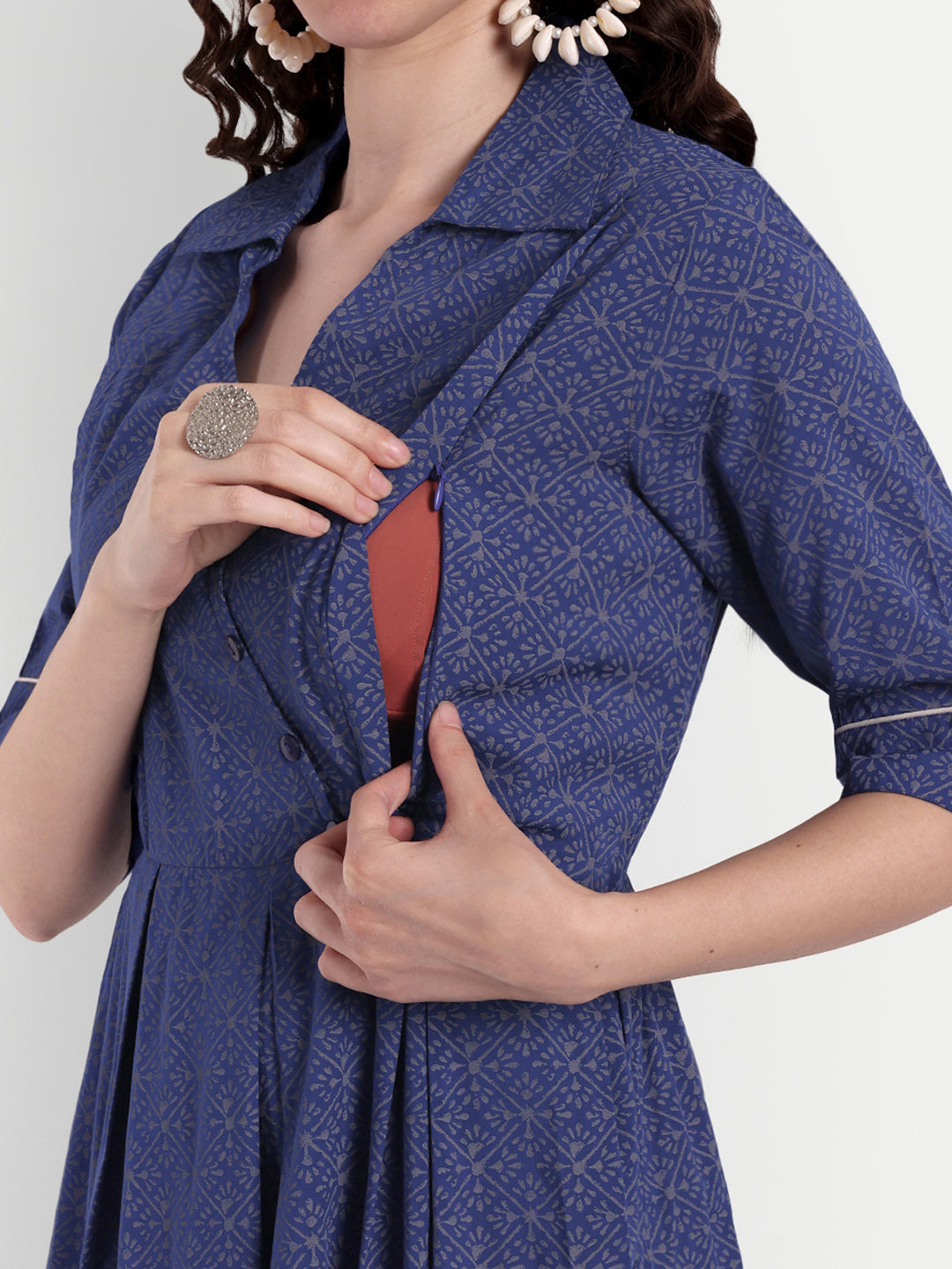 Floral Printed Shirt Collar Maternity A-Line Kurta