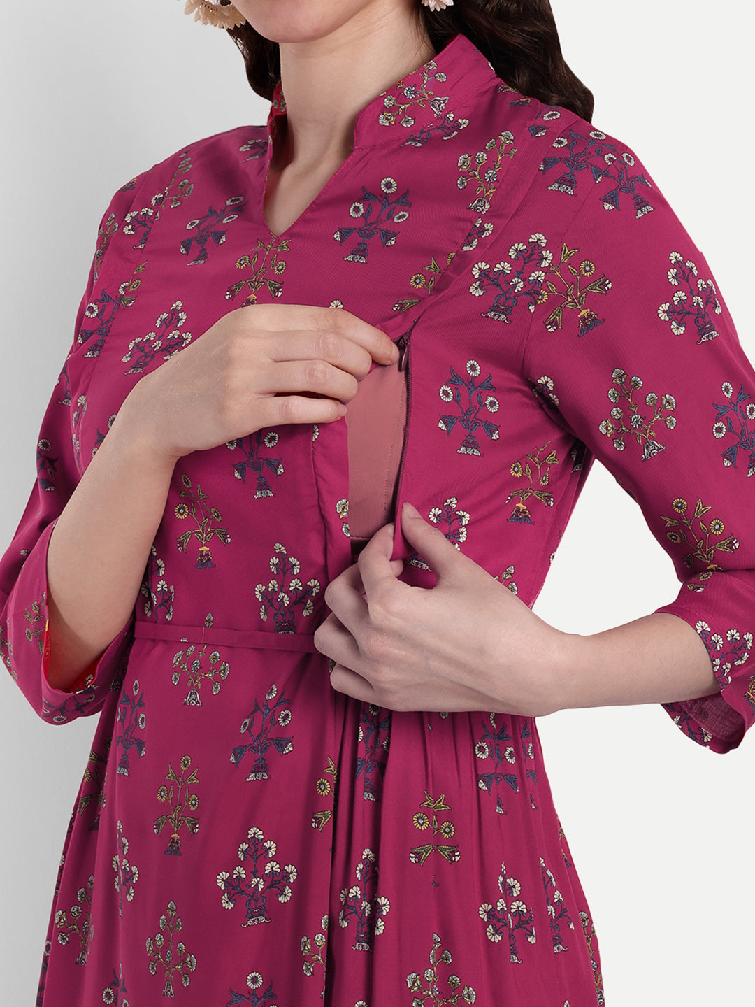 Ethnic Motifs Printed Cotton Maternity Feeding A-Line Kurta