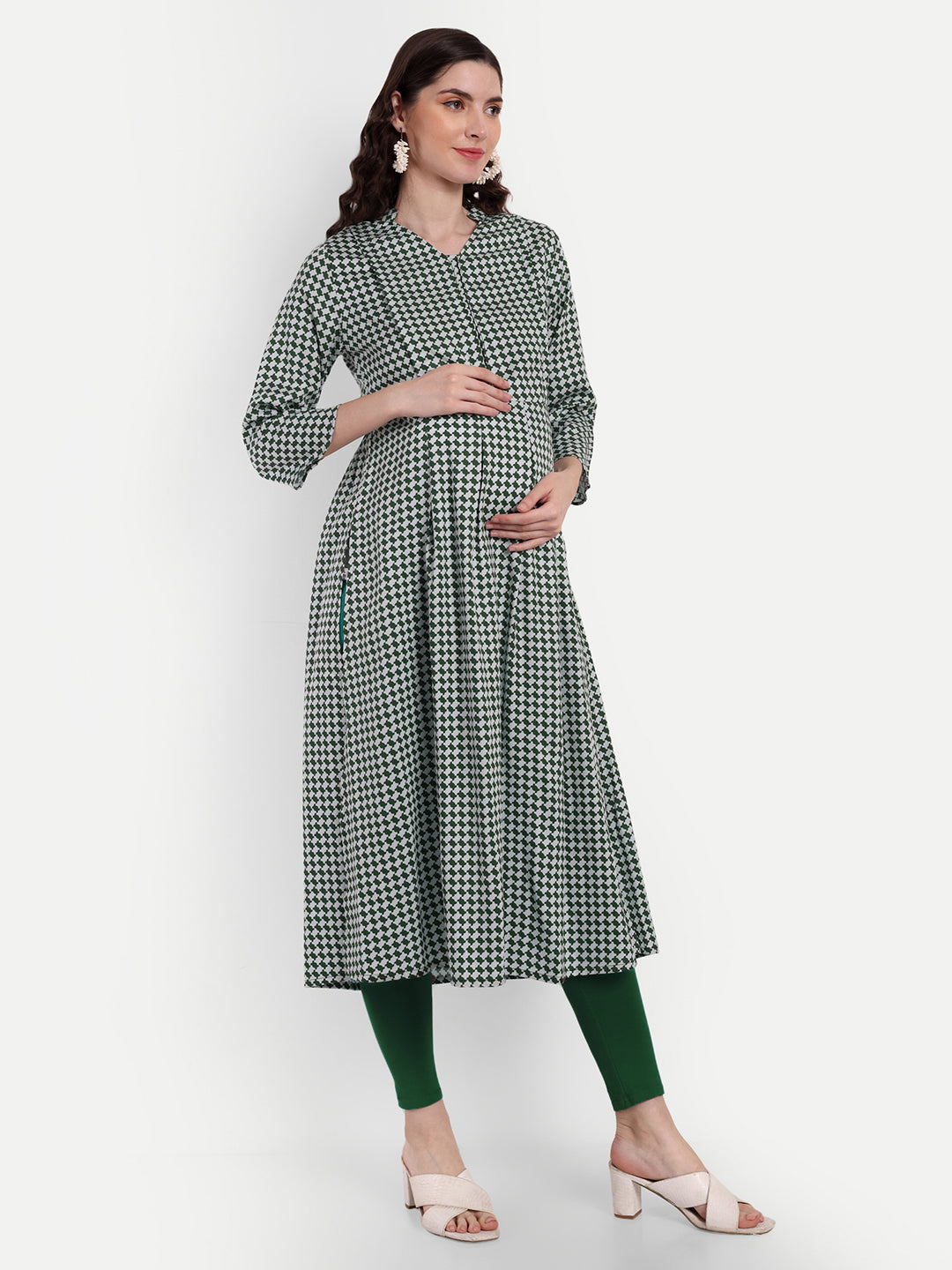 Checked Cotton Maternity Feeding A-Line Kurta