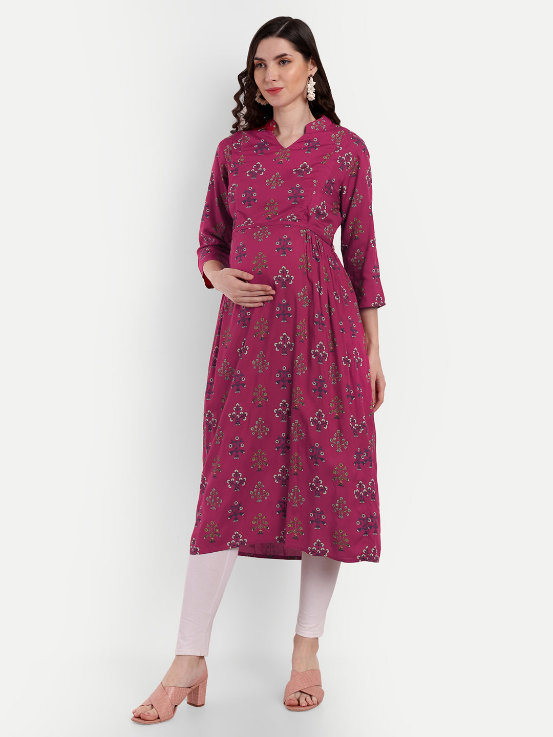 Ethnic Motifs Printed Cotton Maternity Feeding A-Line Kurta