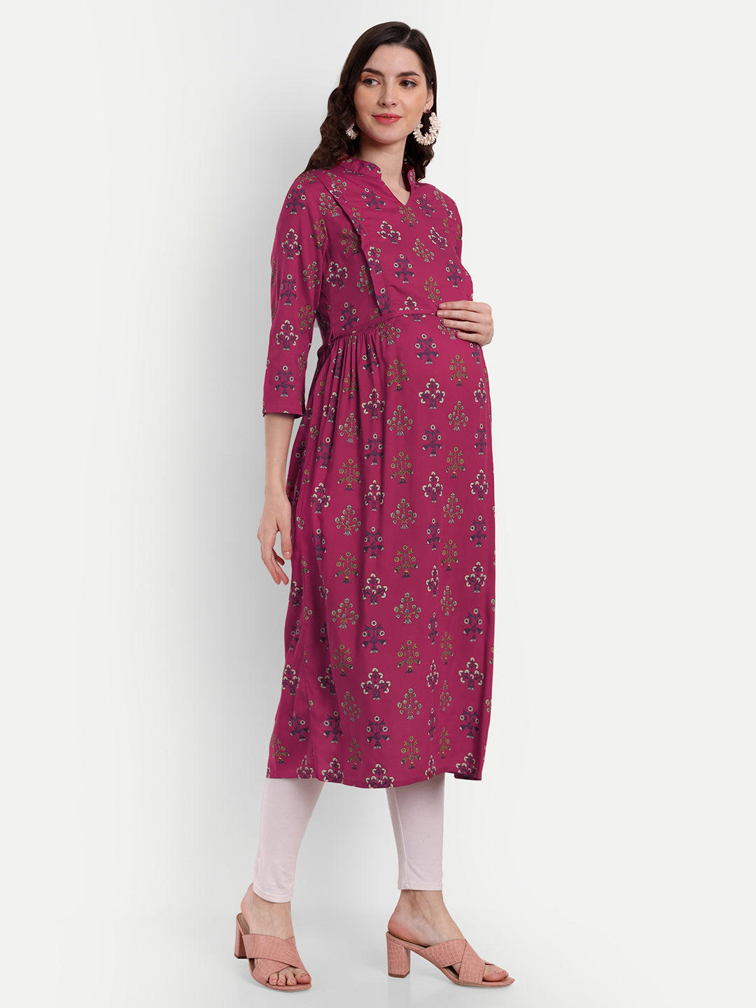 Ethnic Motifs Printed Cotton Maternity Feeding A-Line Kurta