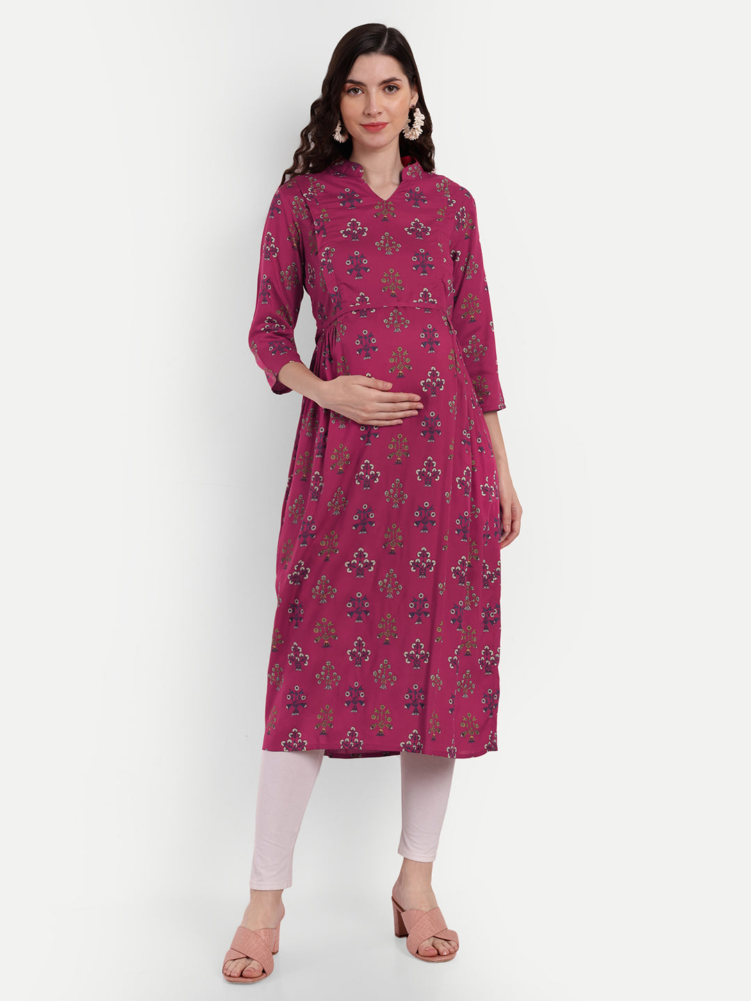 Ethnic Motifs Printed Cotton Maternity Feeding A-Line Kurta