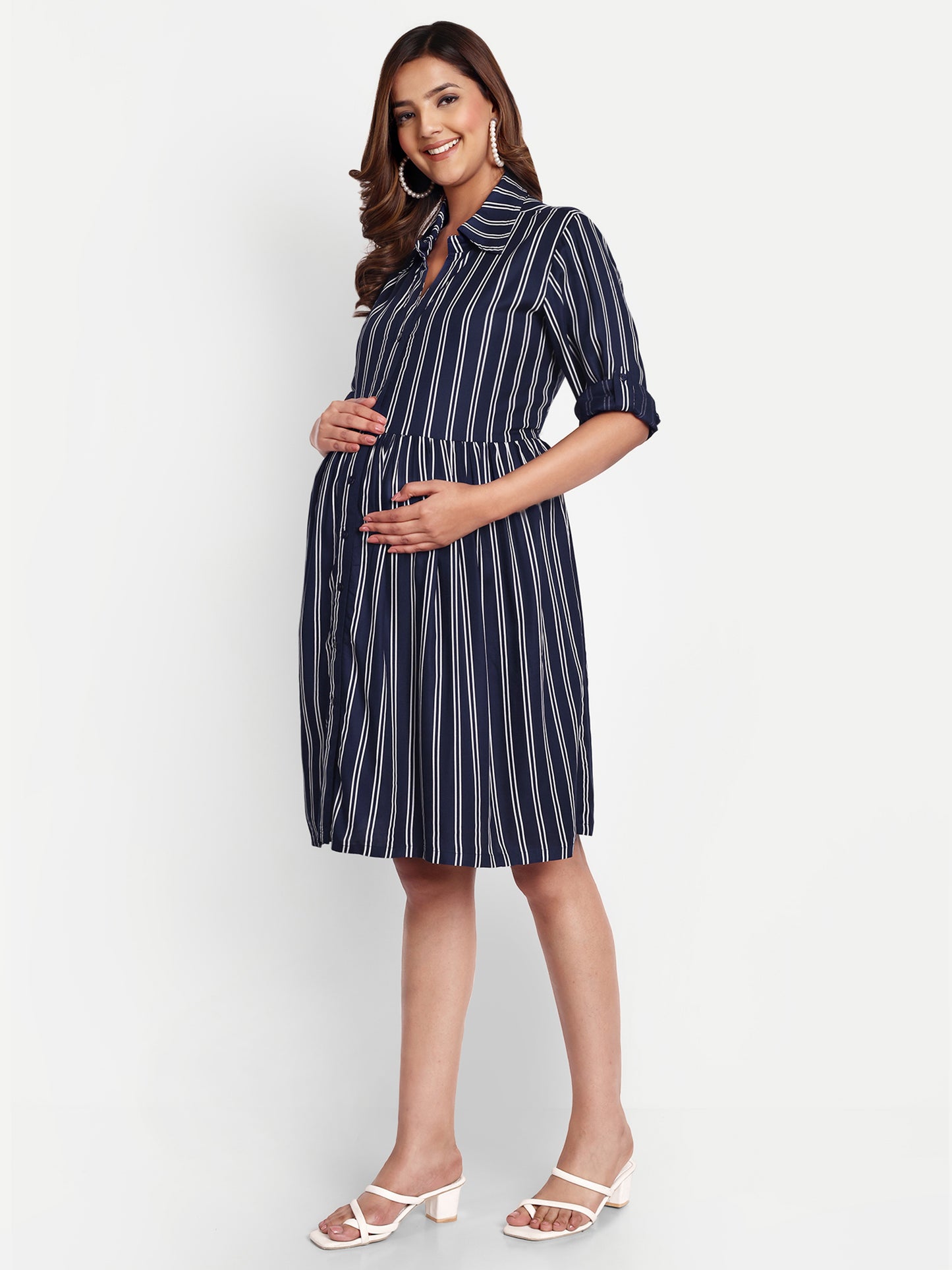 Women Navy Blue Shirt Collar Maternity Fit and Flare