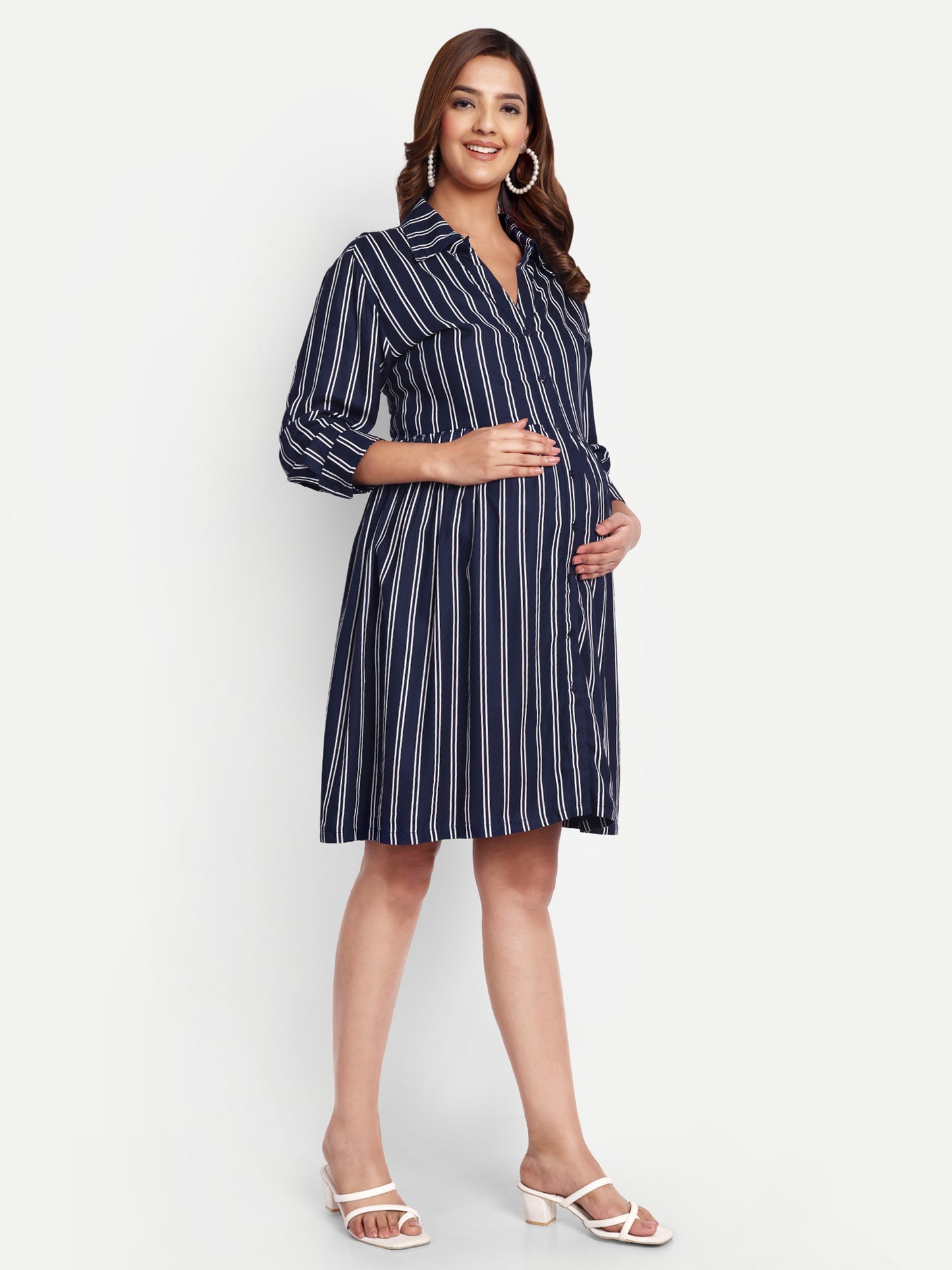 Women Navy Blue Shirt Collar Maternity Fit and Flare