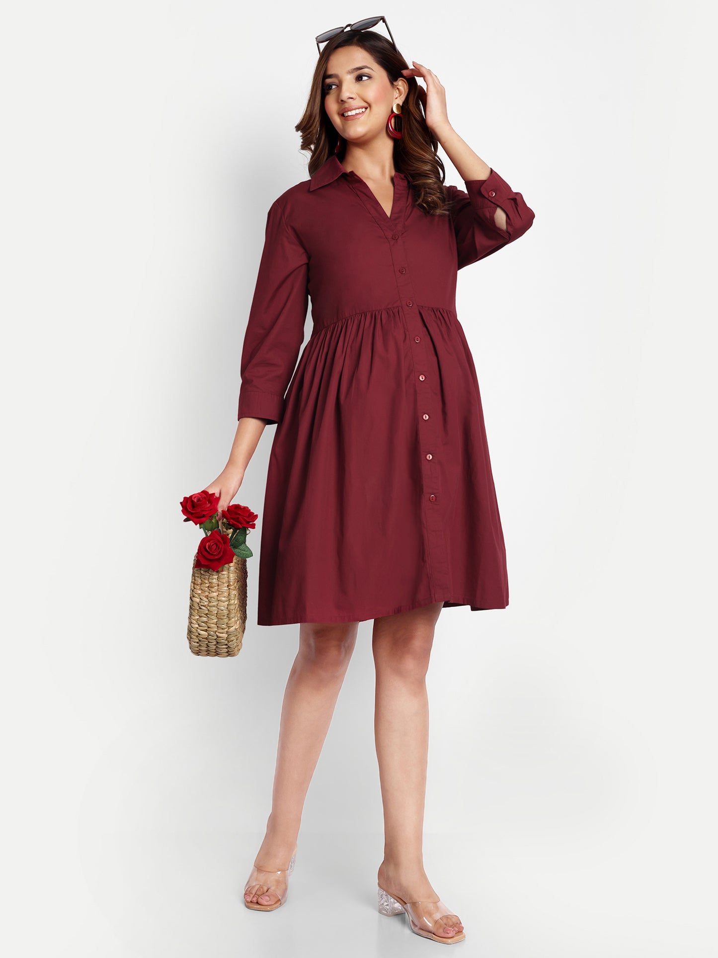 Women Maroon Shirt Collar Maternity Fit and Flare