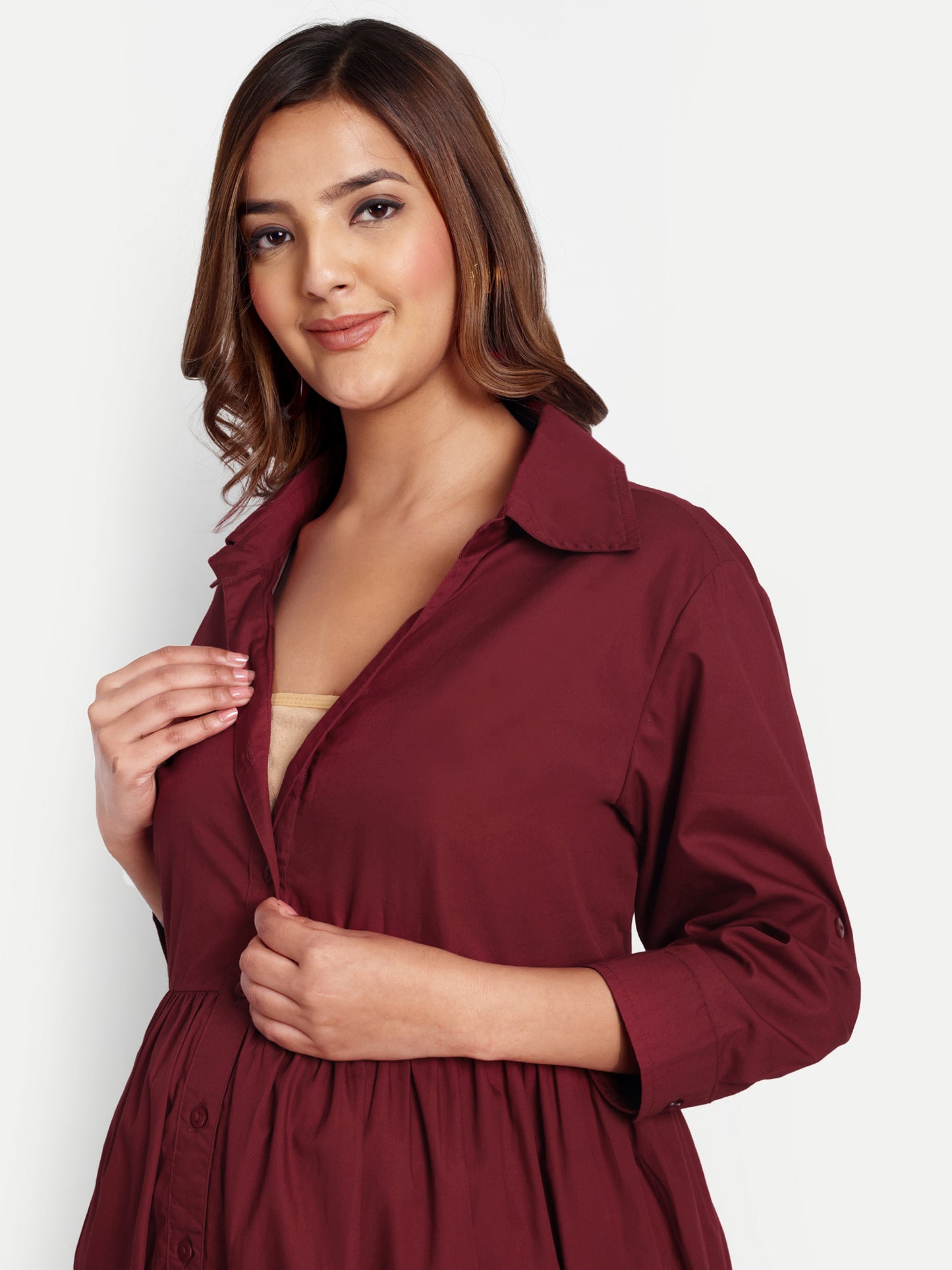 Women Maroon Shirt Collar Maternity Fit and Flare