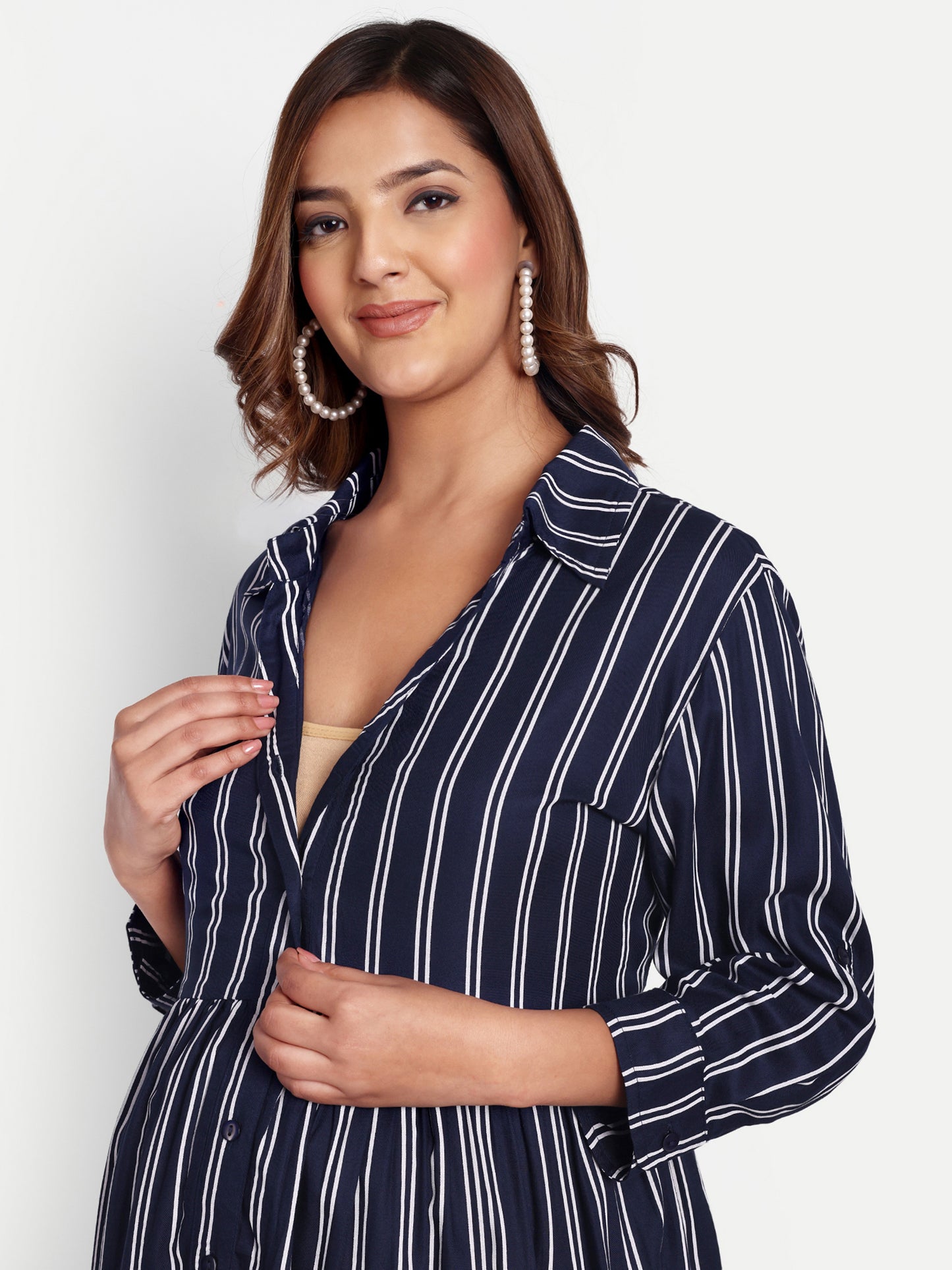 Women Navy Blue Shirt Collar Maternity Fit and Flare