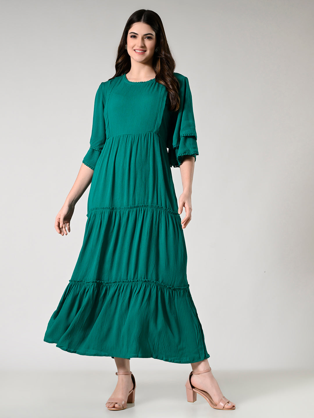 Women Maternity Tiered Flared Sleeves Fit and Flare Dress