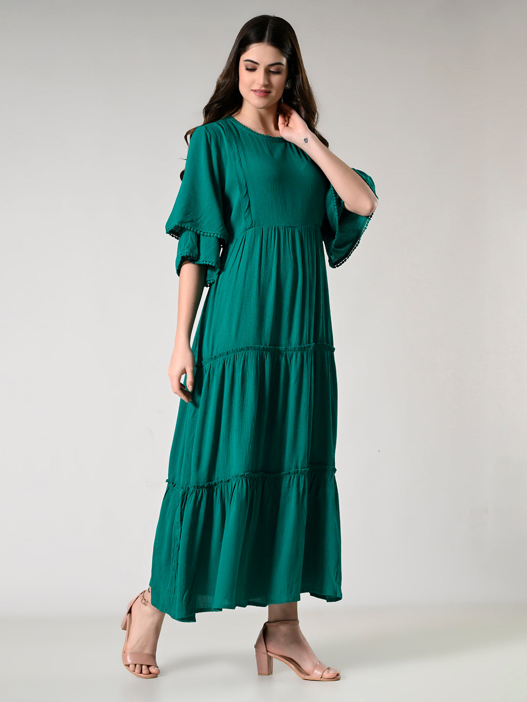 Women Maternity Tiered Flared Sleeves Fit and Flare Dress