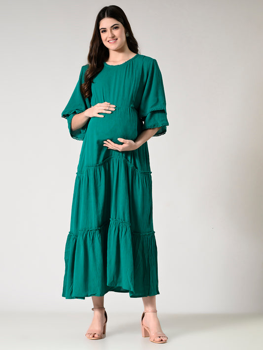 Women Maternity Tiered Flared Sleeves Fit and Flare Dress