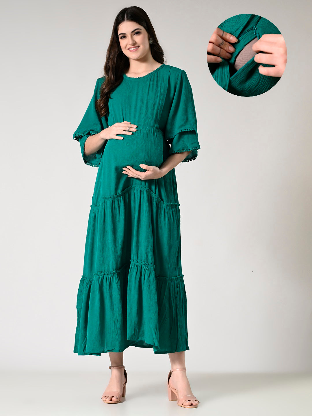 Women Maternity Tiered Flared Sleeves Fit and Flare Dress