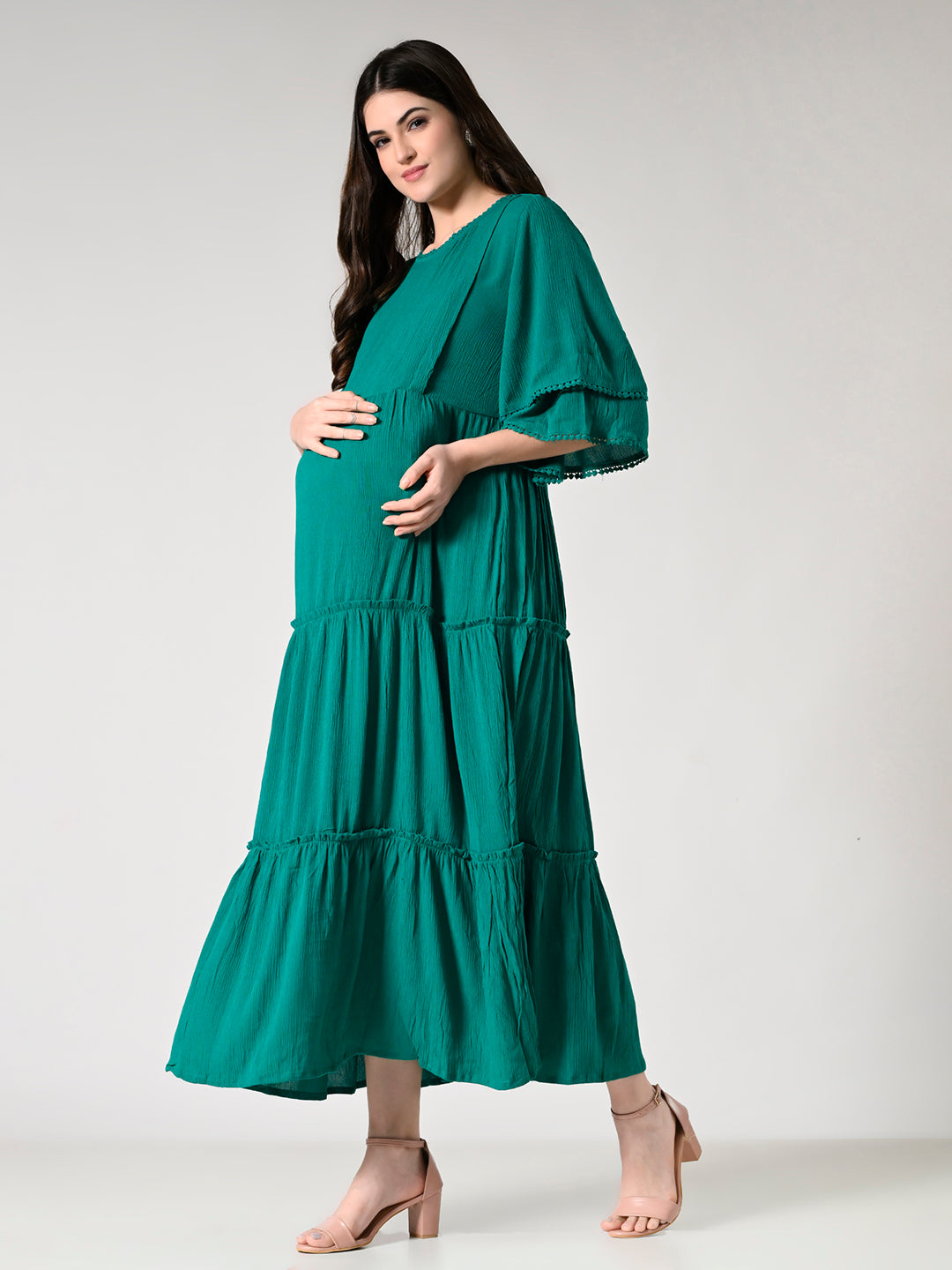 Women Maternity Tiered Flared Sleeves Fit and Flare Dress