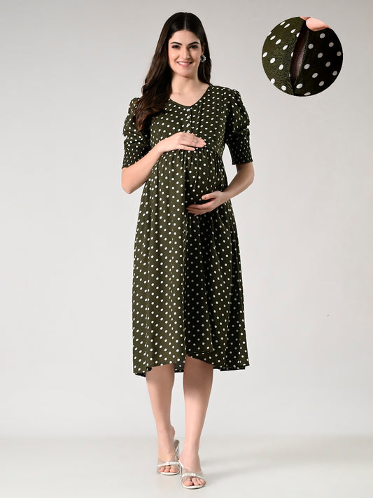 Women Polka Dot Printed Empire Midi maternity dress