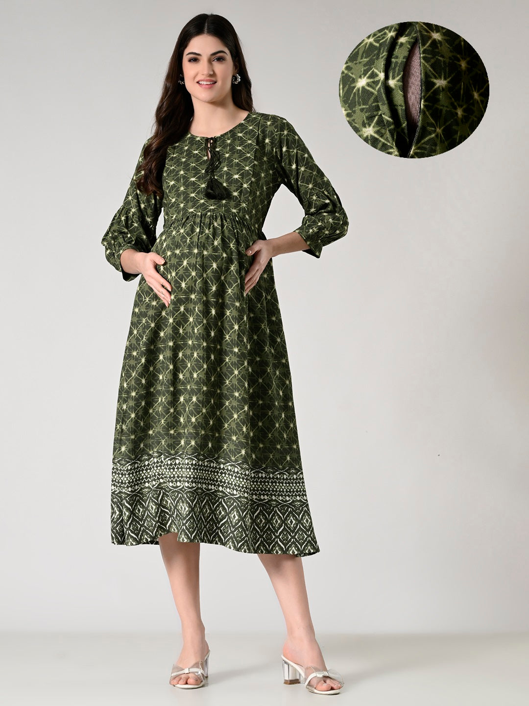Ethnic Motifs Printed Green Maternity Fit and Flare Midi Dress Aaruvi Ruchi Verma | All Rights Reserved Ethnic Motifs Printed Green Maternity Fit and Flare Midi Dress Aaruvi Ruchi Verma | All Rights Reserved