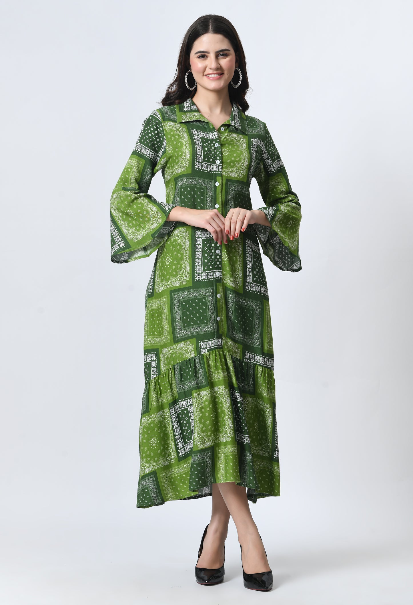 Ethnic Motifs Printed Bell Sleeve Maternity A-Line Midi Dress