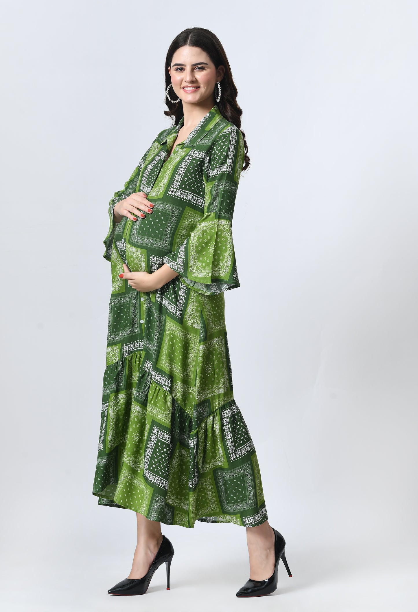 Ethnic Motifs Printed Bell Sleeve Maternity A-Line Midi Dress