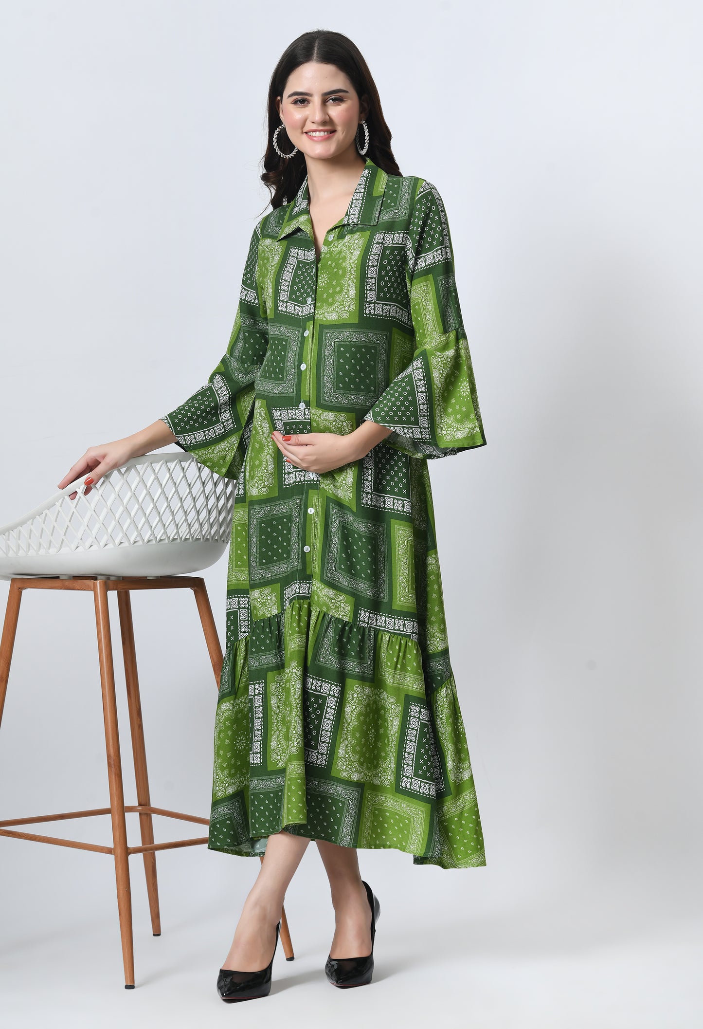 Ethnic Motifs Printed Bell Sleeve Maternity A-Line Midi Dress