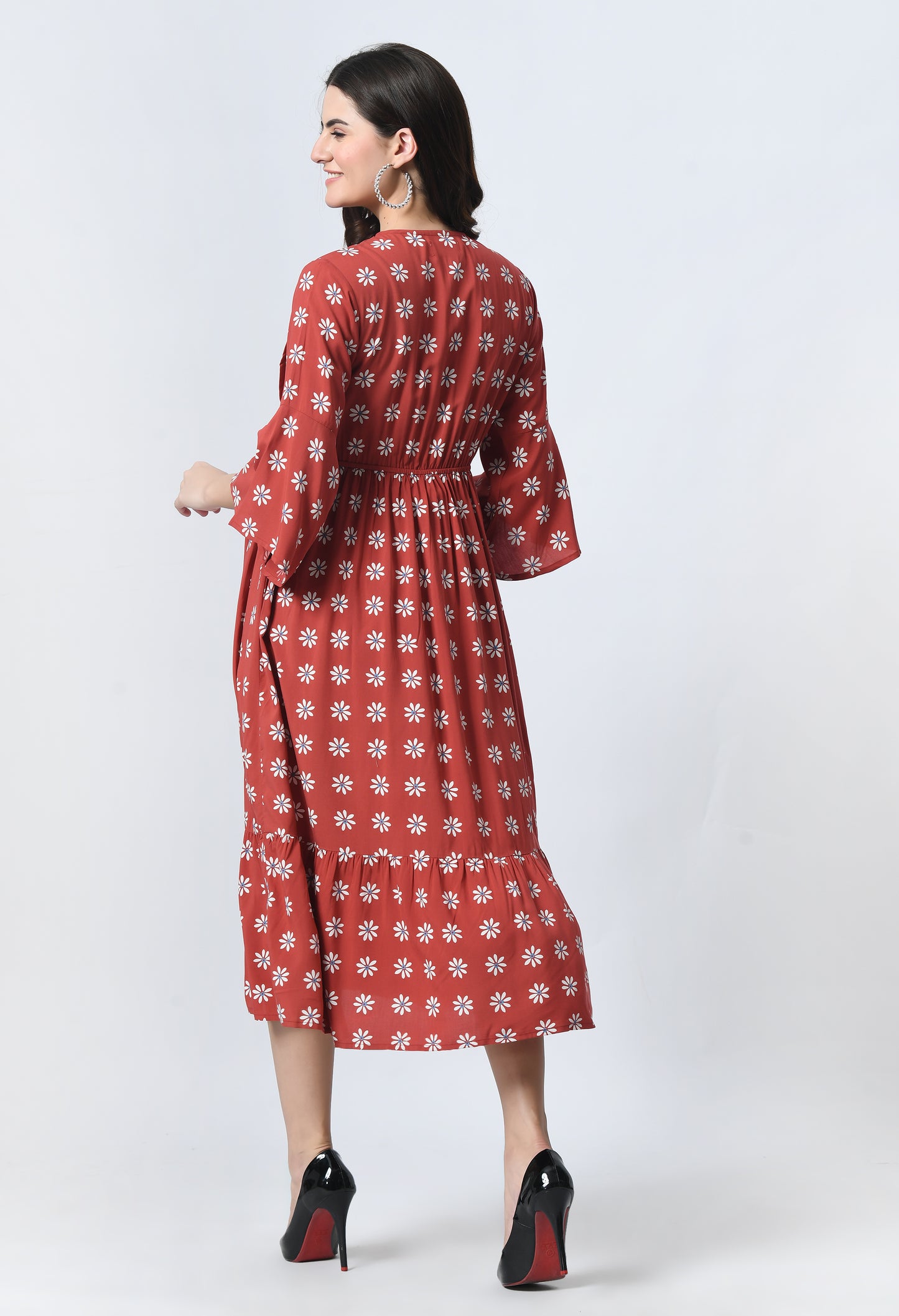 Ethnic Motifs Print Tie-Up Neck Bell Sleeve Maternity Fit & Flare Midi Dress