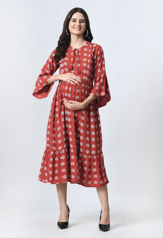 Ethnic Motifs Print Tie-Up Neck Bell Sleeve Maternity Fit & Flare Midi Dress