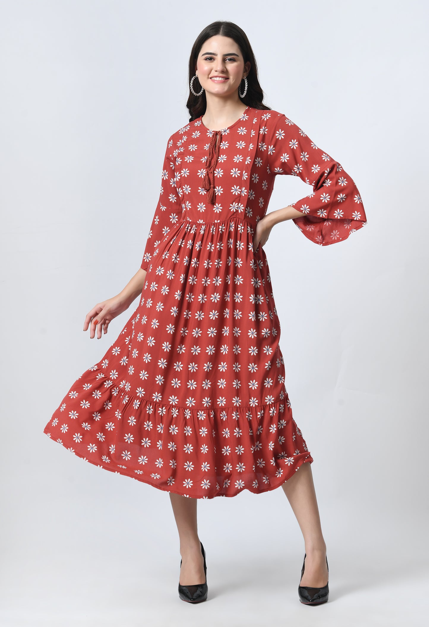 Ethnic Motifs Print Tie-Up Neck Bell Sleeve Maternity Fit & Flare Midi Dress