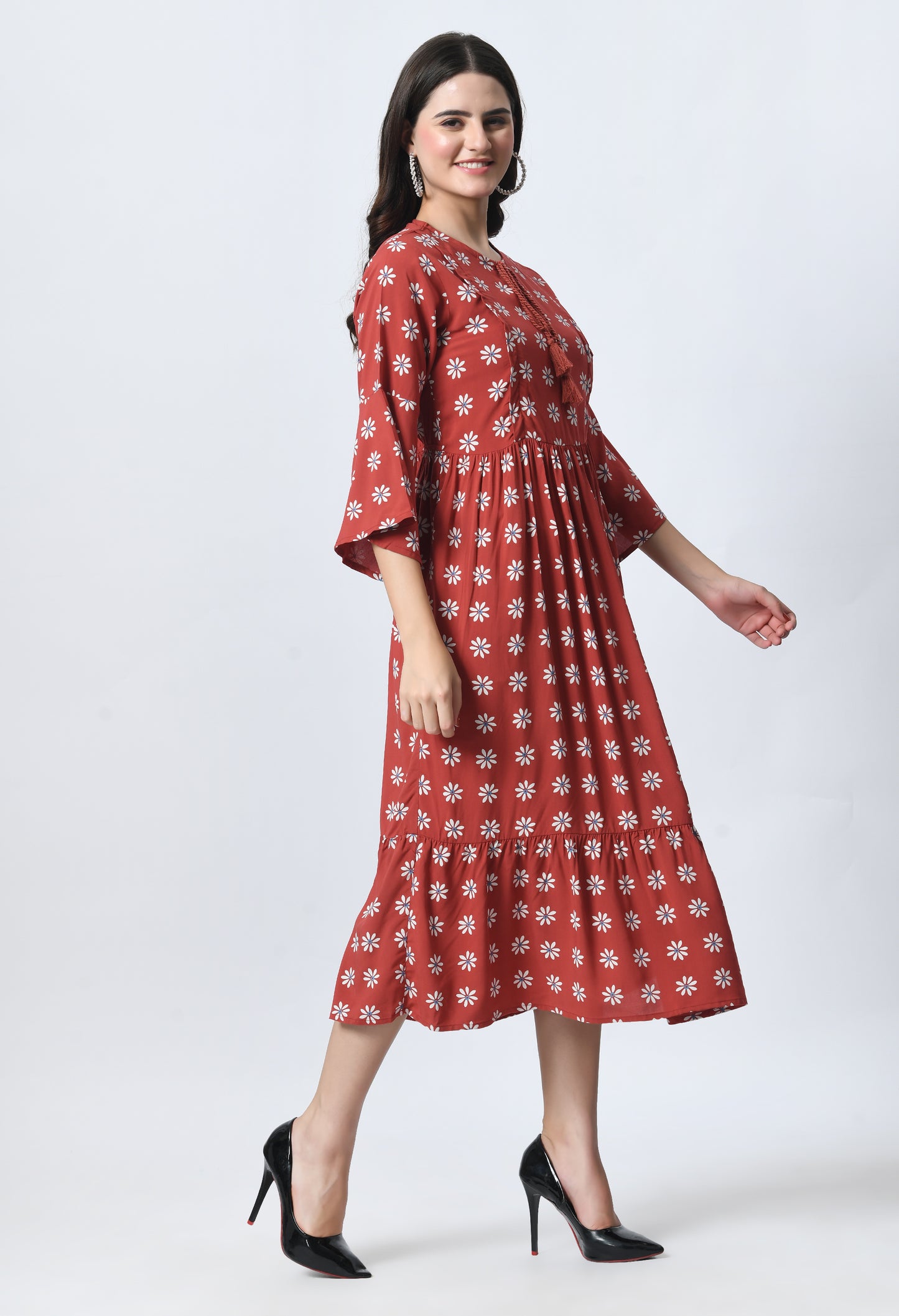 Ethnic Motifs Print Tie-Up Neck Bell Sleeve Maternity Fit & Flare Midi Dress