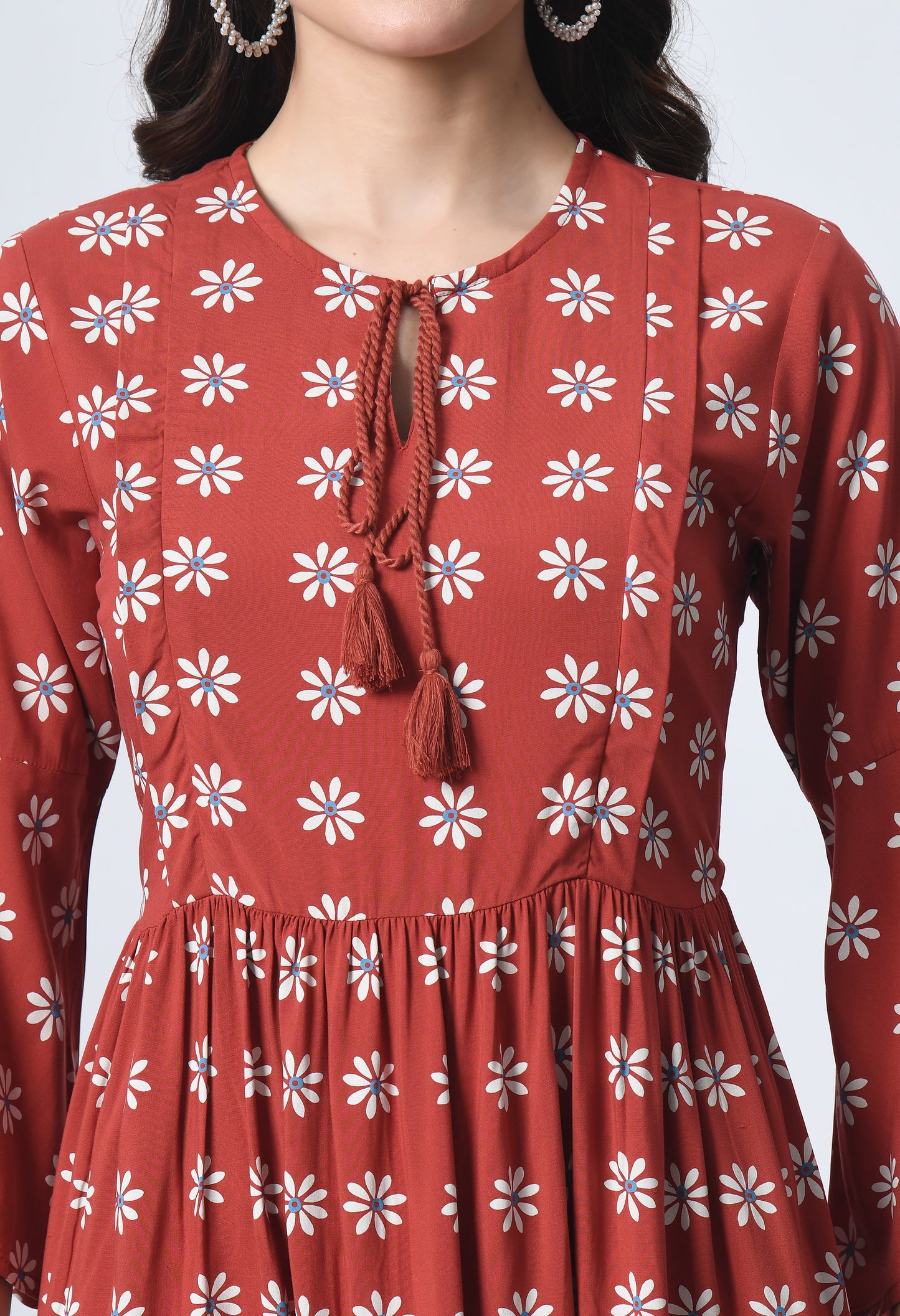 Ethnic Motifs Print Tie-Up Neck Bell Sleeve Maternity Fit & Flare Midi Dress