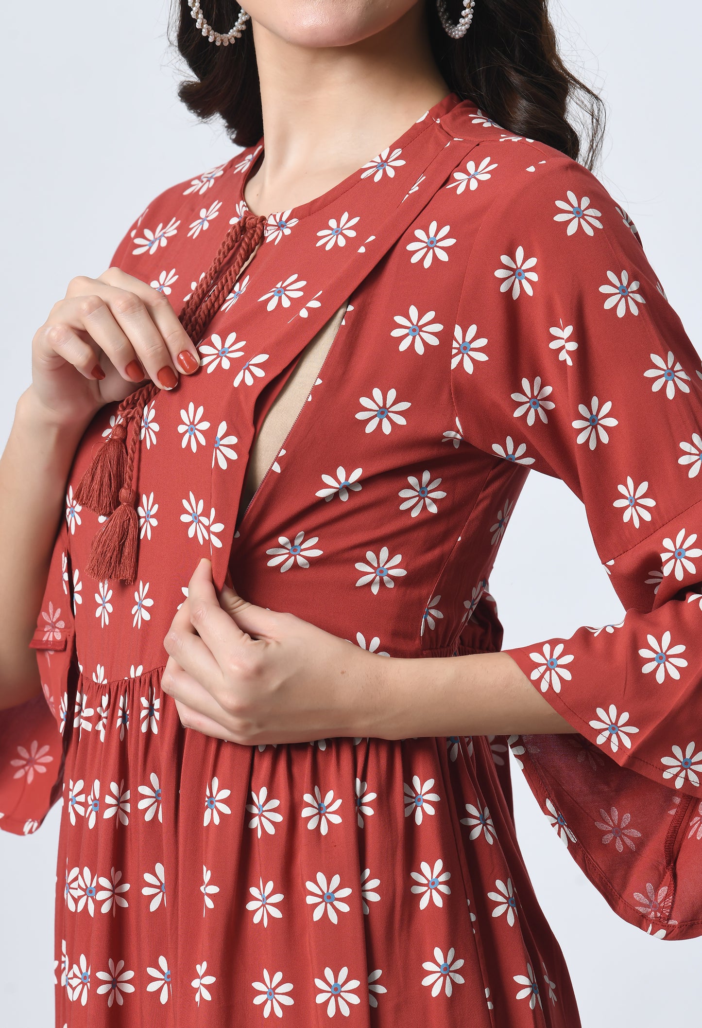 Ethnic Motifs Print Tie-Up Neck Bell Sleeve Maternity Fit & Flare Midi Dress