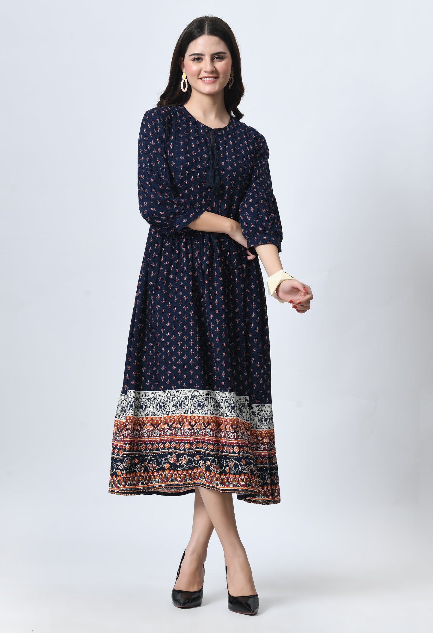 Ethnic Motifs Print Maternity Fit & Flare Midi Dress