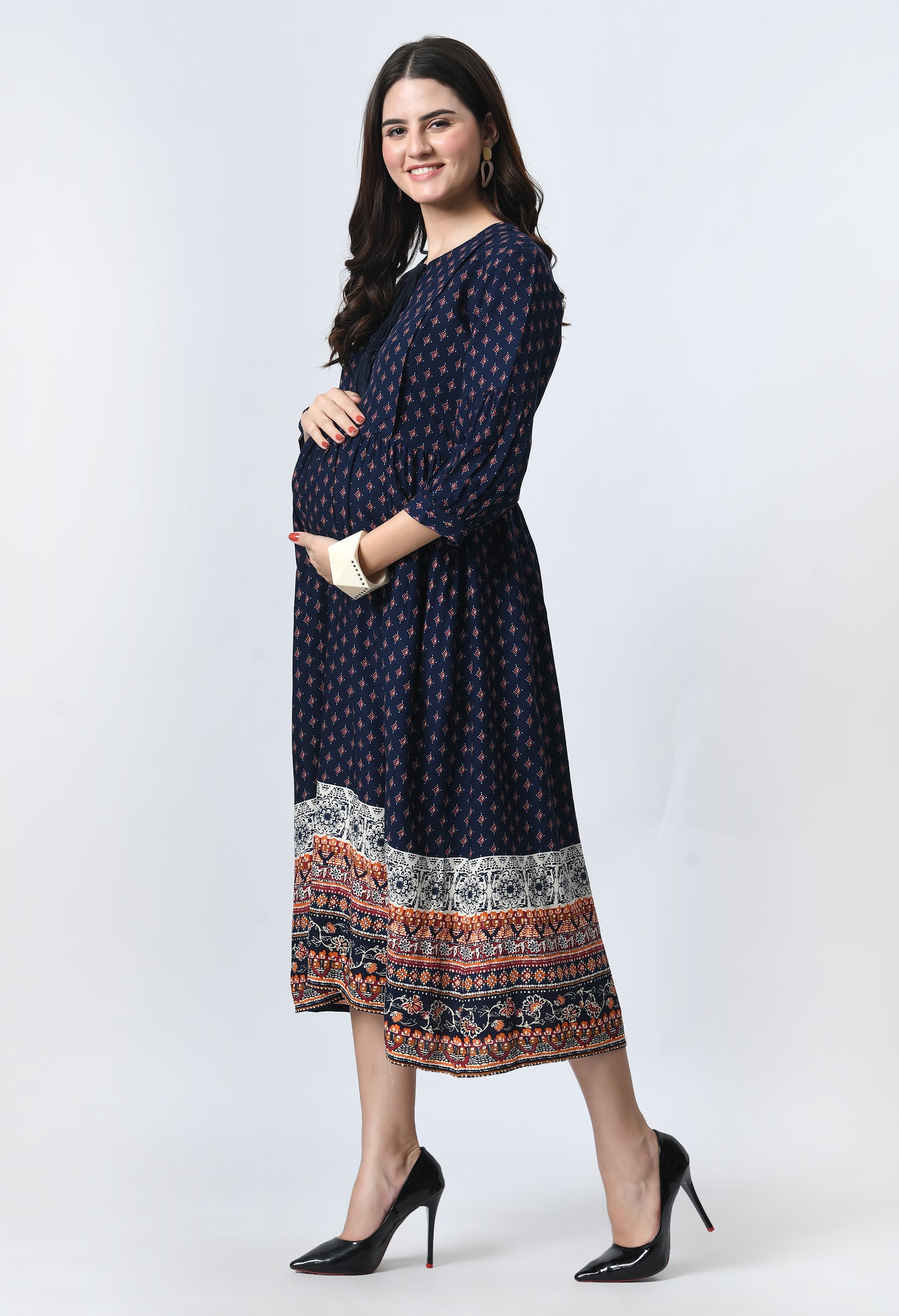 Ethnic Motifs Print Maternity Fit & Flare Midi Dress