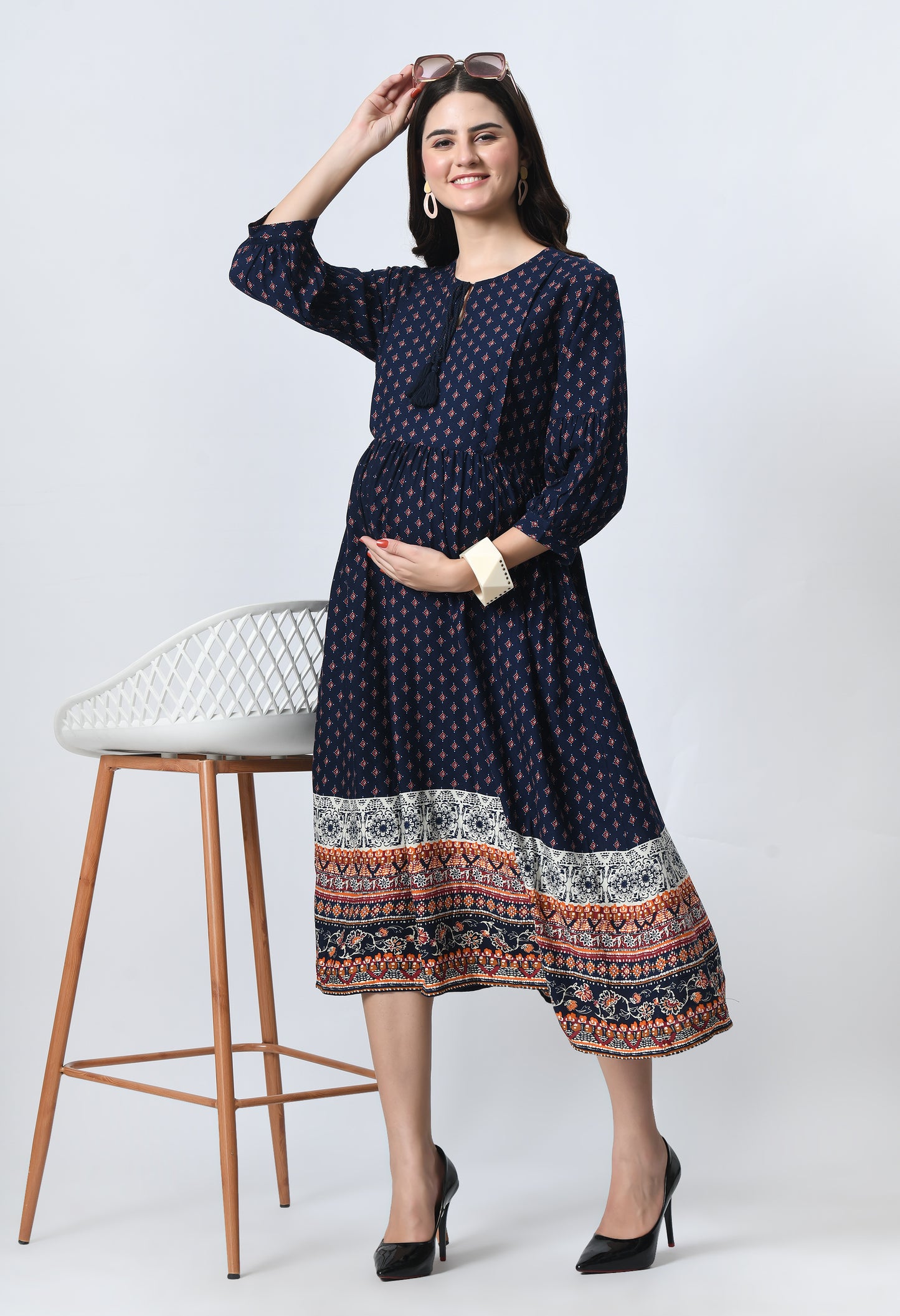 Ethnic Motifs Print Maternity Fit & Flare Midi Dress