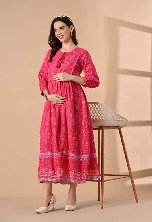 Pink Ethnic Printed Maternity Maxi Dress