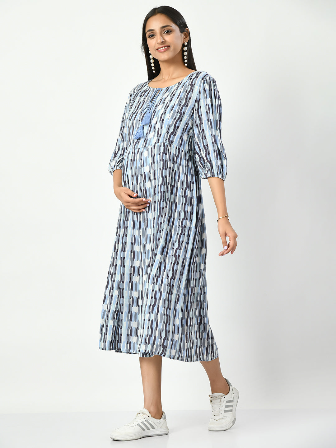 Geometric Printed Maternity A-Line Midi Dress