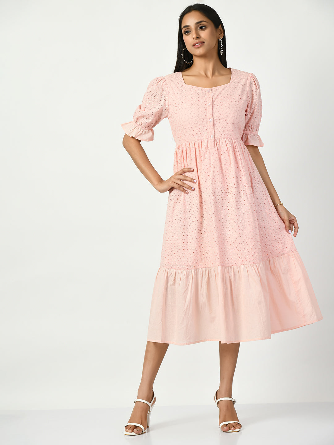 Design Gathered Tiered Maternity Cotton Fit Midi Dress