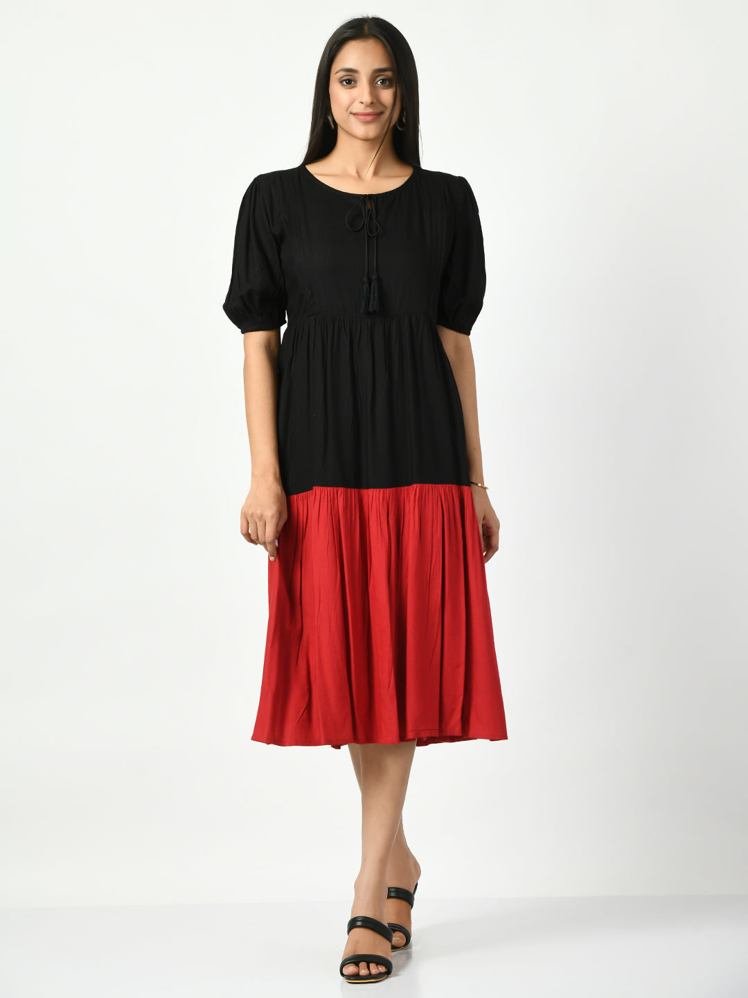 Colourblocked Puff Sleeve Fit & Flare Maternity Midi Dress