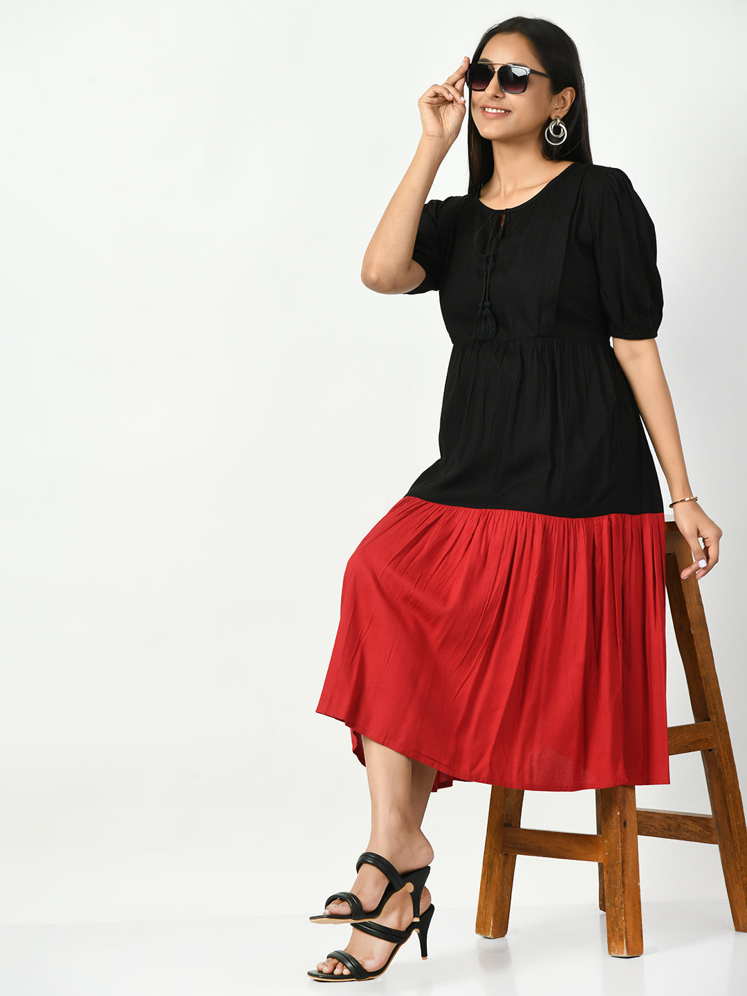 Colourblocked Maternity Cotton Fit & Flare Midi Dress