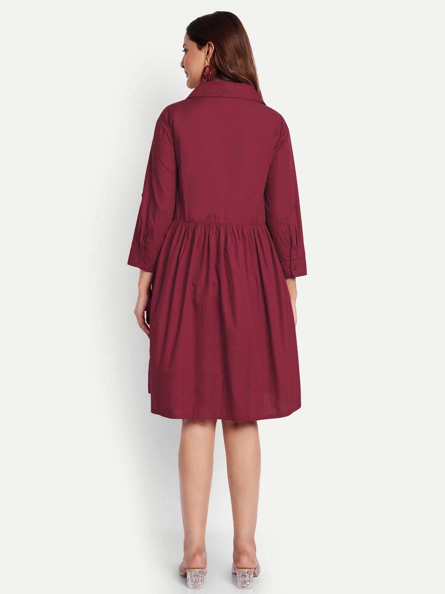 Women Maroon Shirt Collar Maternity Fit and Flare
