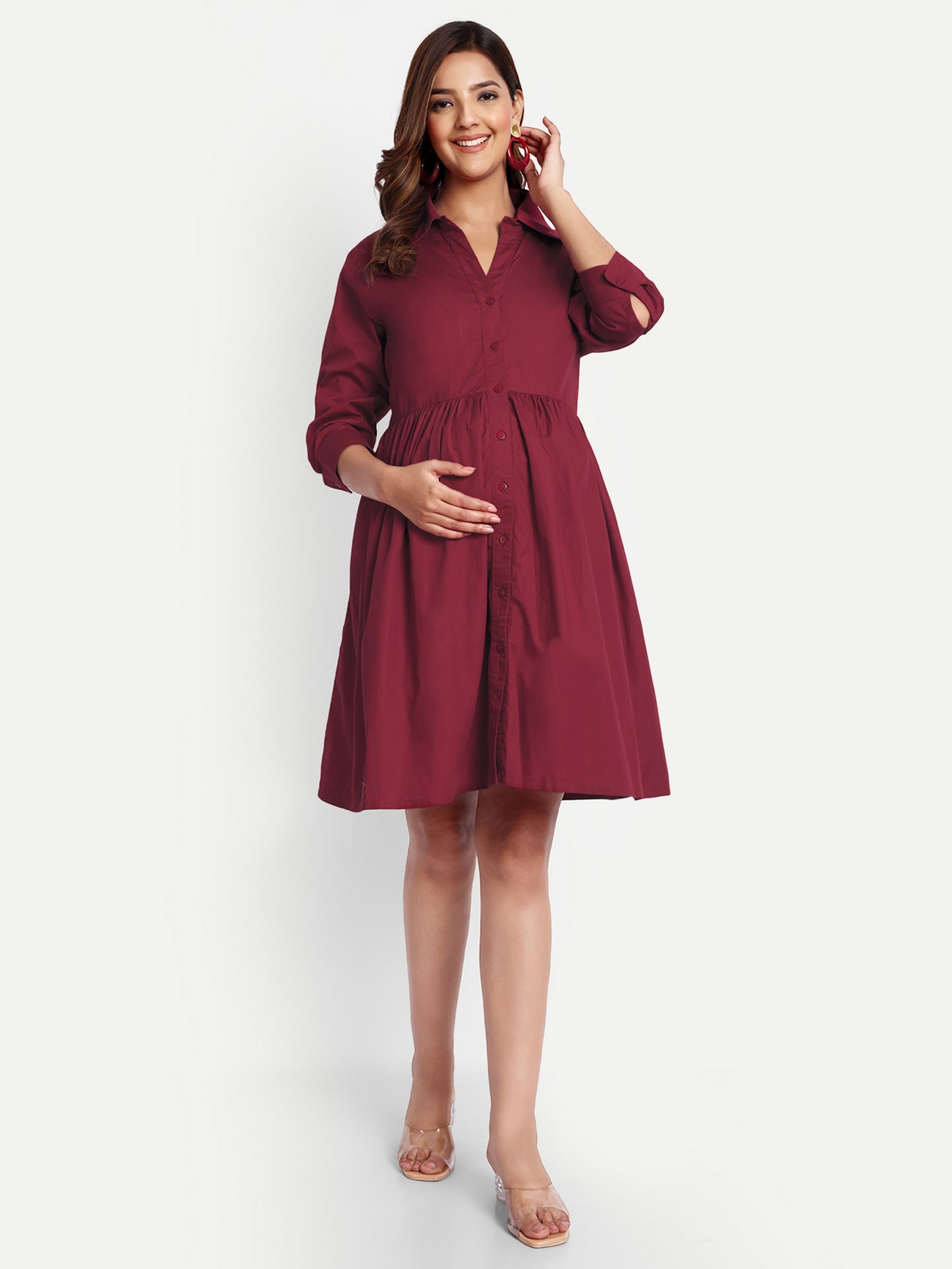 Women Maroon Shirt Collar Maternity Fit and Flare