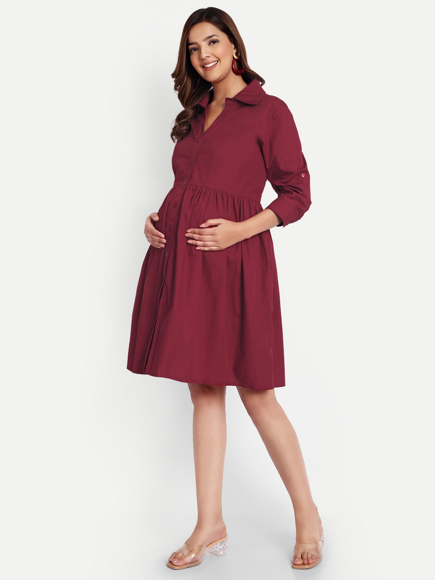 Women Maroon Shirt Collar Maternity Fit and Flare