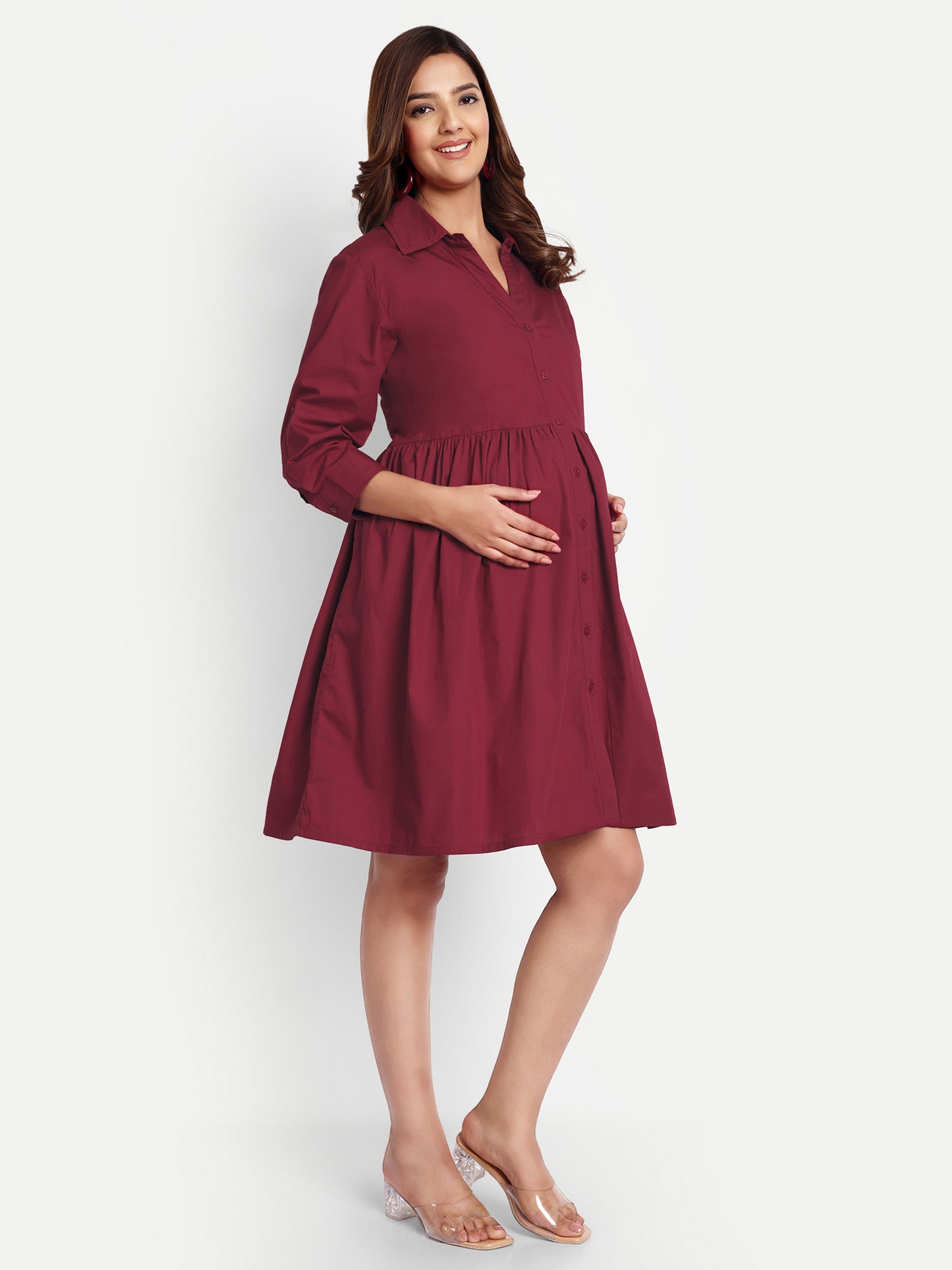 Women Maroon Shirt Collar Maternity Fit and Flare