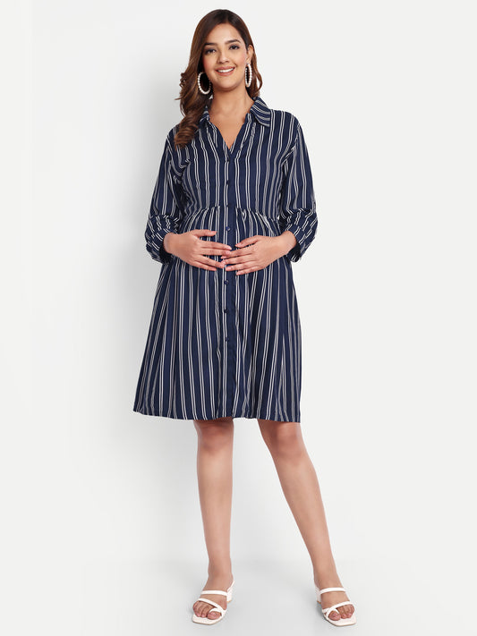 Women Navy Blue Shirt Collar Maternity Fit and Flare