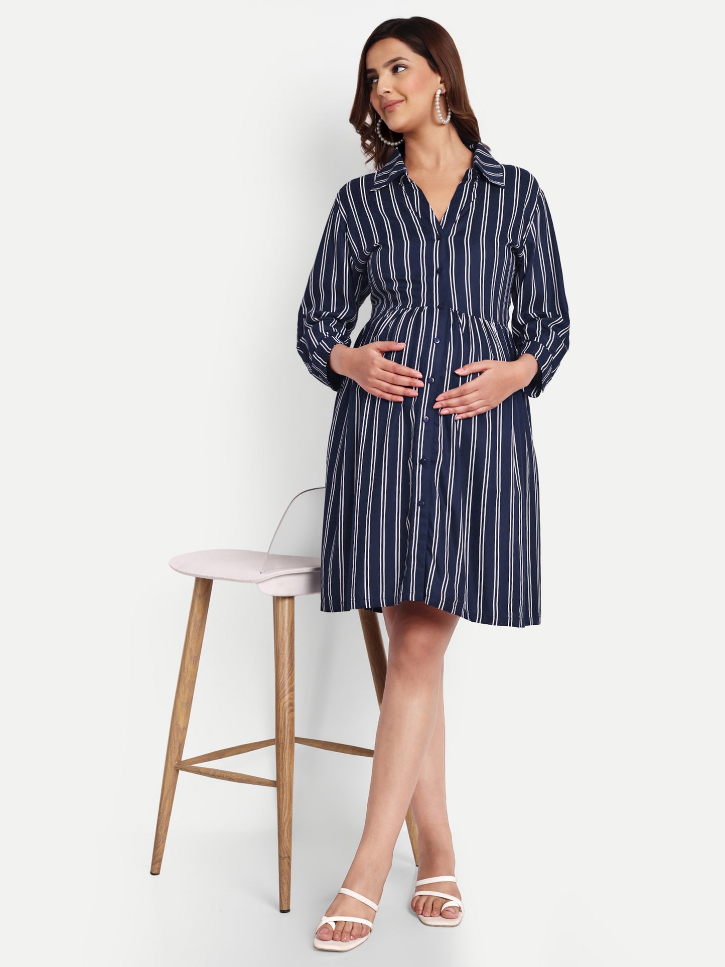 Women Navy Blue Shirt Collar Maternity Fit and Flare