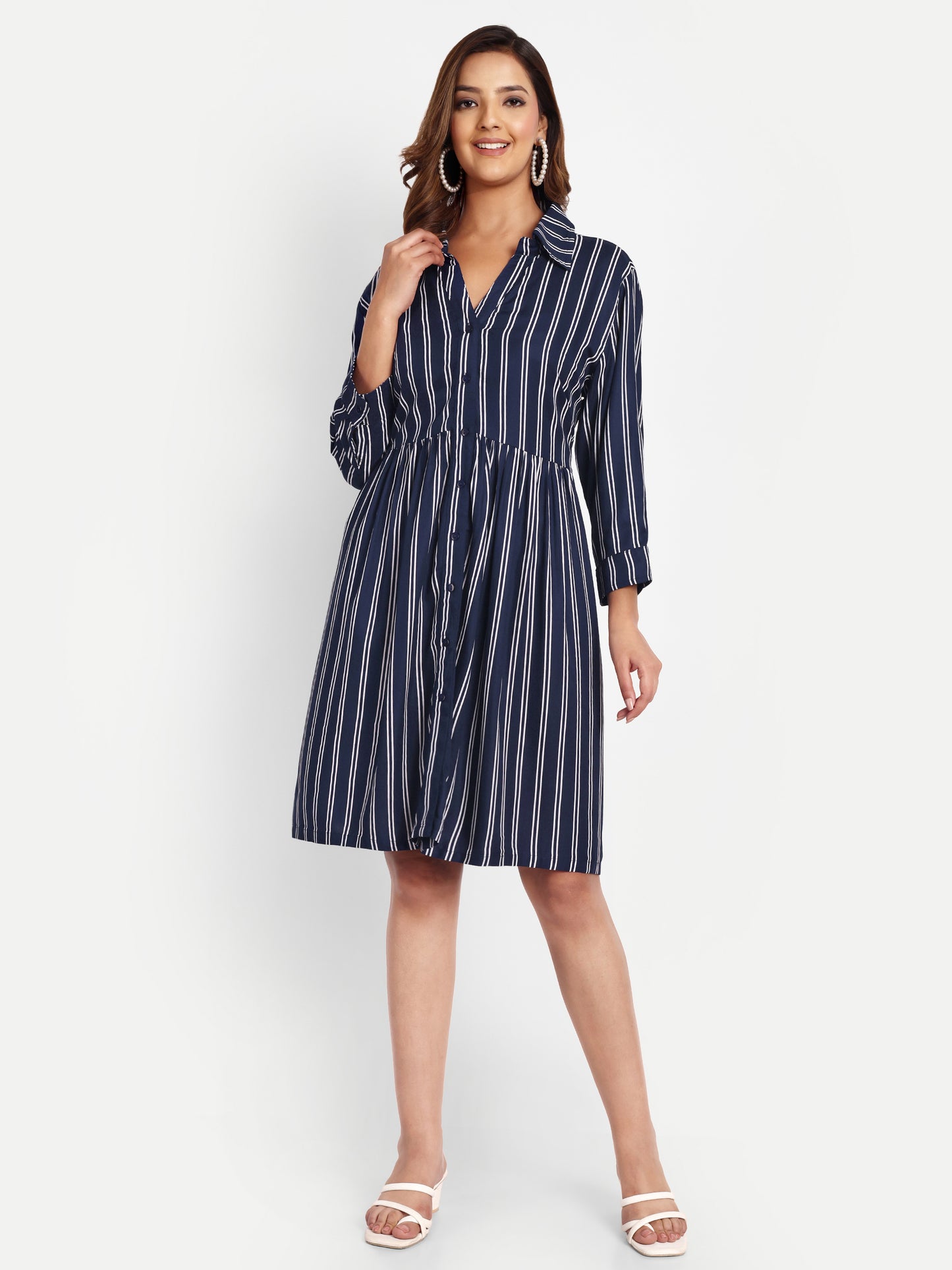 Women Navy Blue Shirt Collar Maternity Fit and Flare