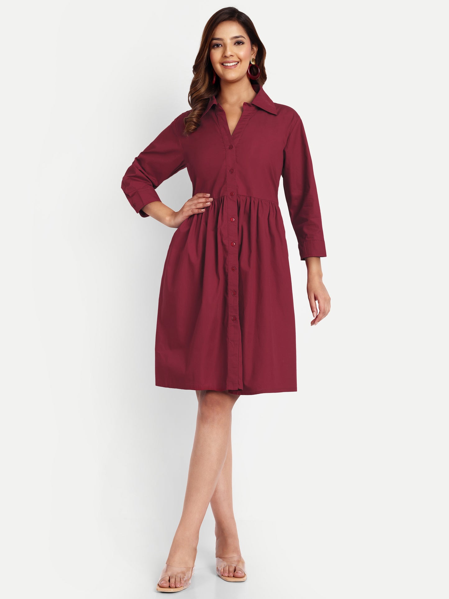 Women Maroon Shirt Collar Maternity Fit and Flare