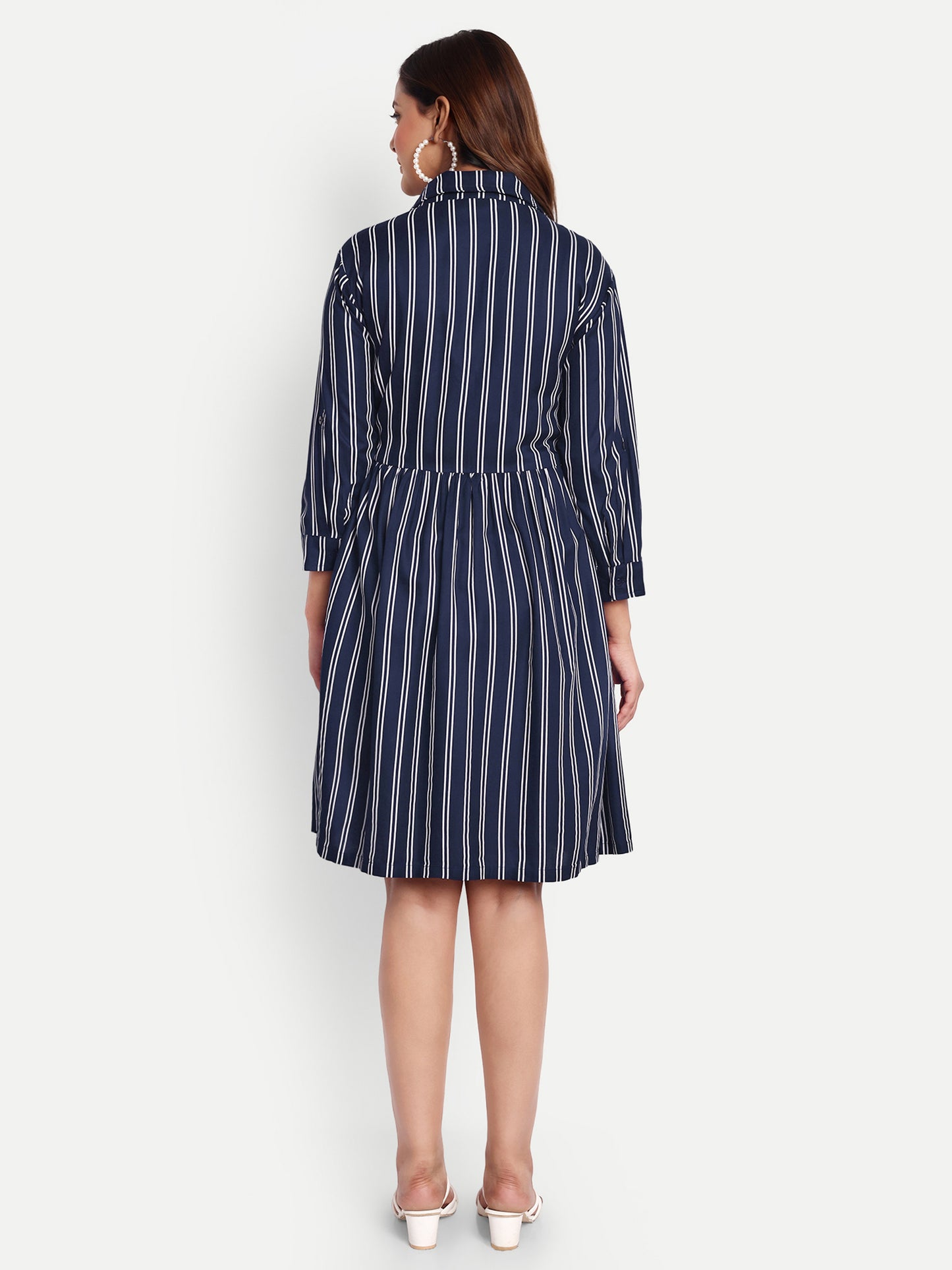 Women Navy Blue Shirt Collar Maternity Fit and Flare