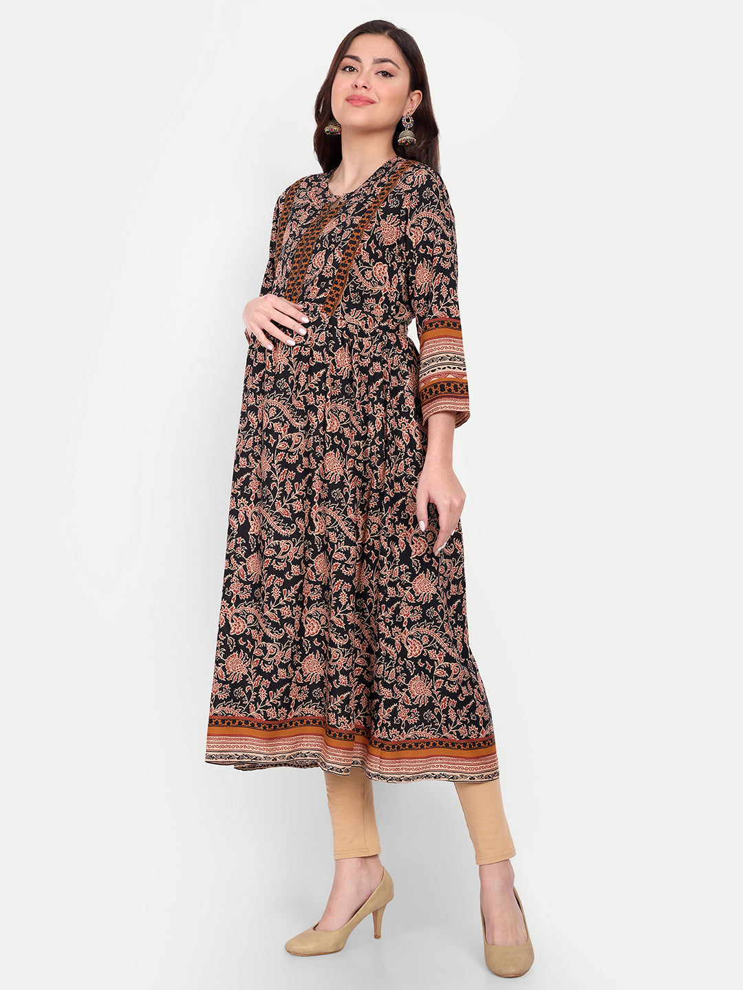 Band Collar Pleated Floral Printed Maternity Anarkali Kurta